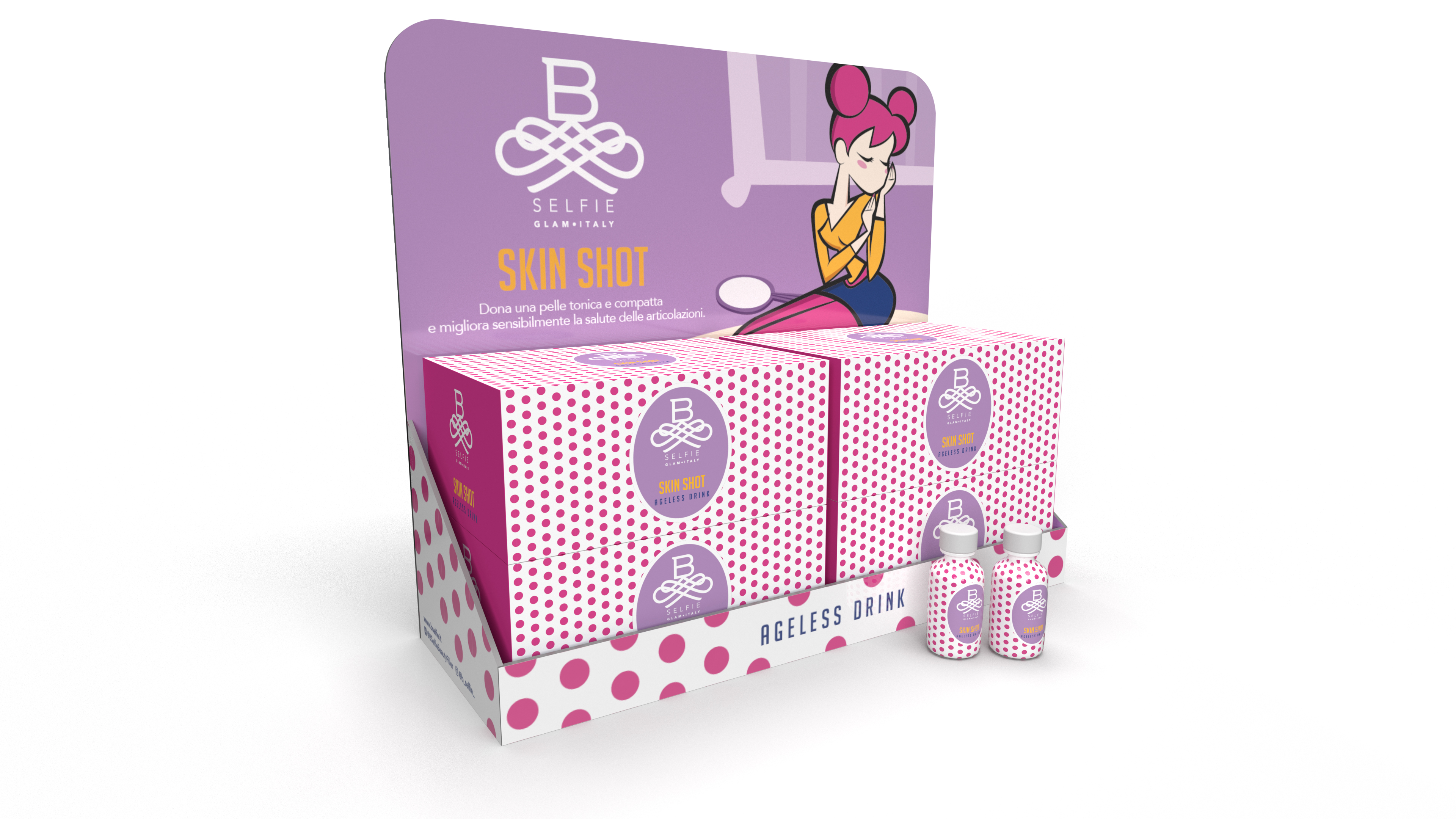 Rendering 3D dell'espositore da banco di Skin Shot di B-Selfie