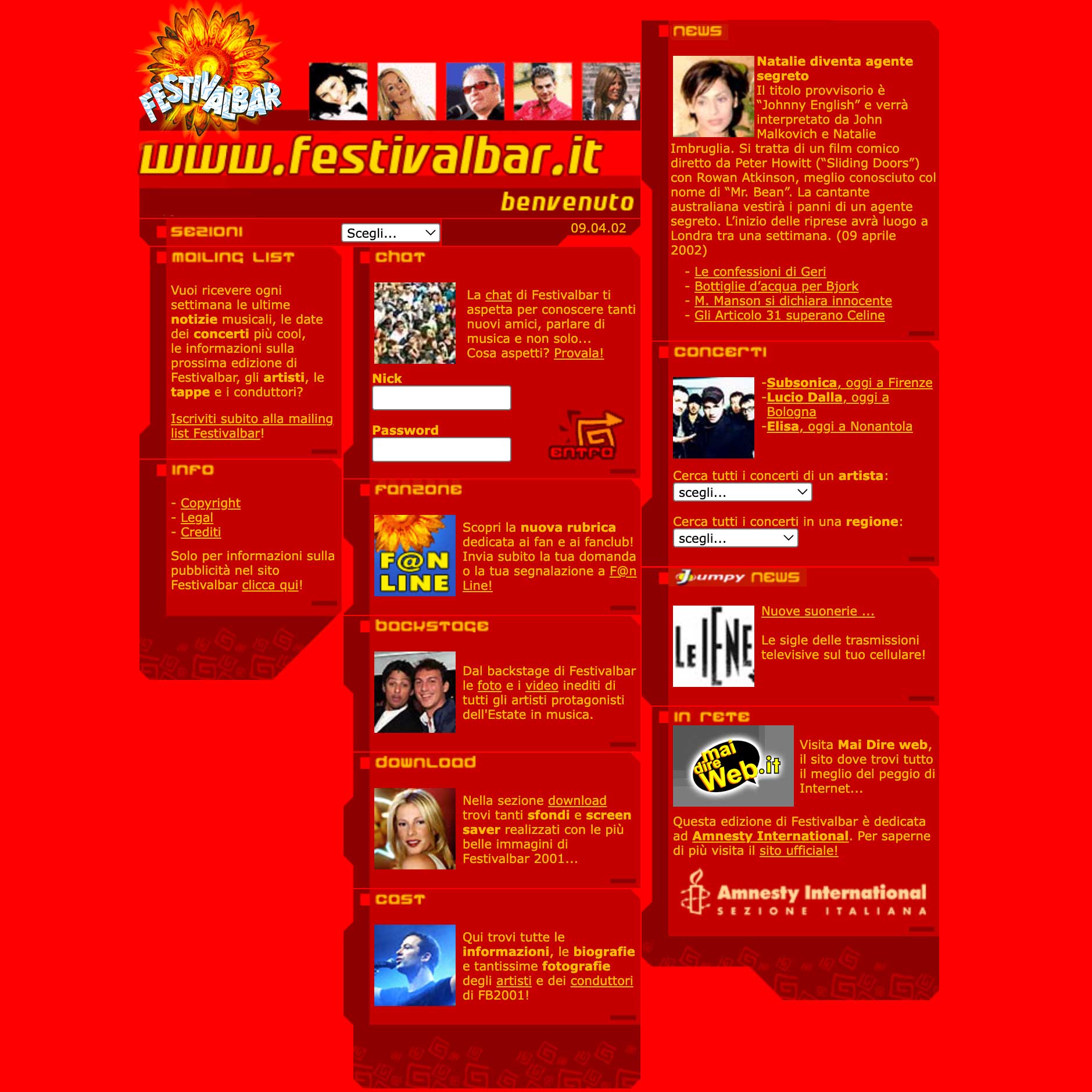 Sreenshot del sito internet di Festivalbar nel 2002